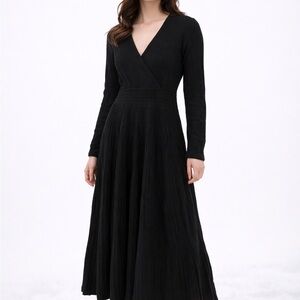 Black Ribbed Wrap Sweater Dress Long Sleeve Midi – Size M